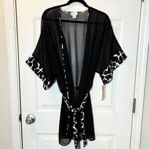 NEW RARE Vintage Cinema Etoile Sheer Satin Negligee Robe L Pony Print Trim
